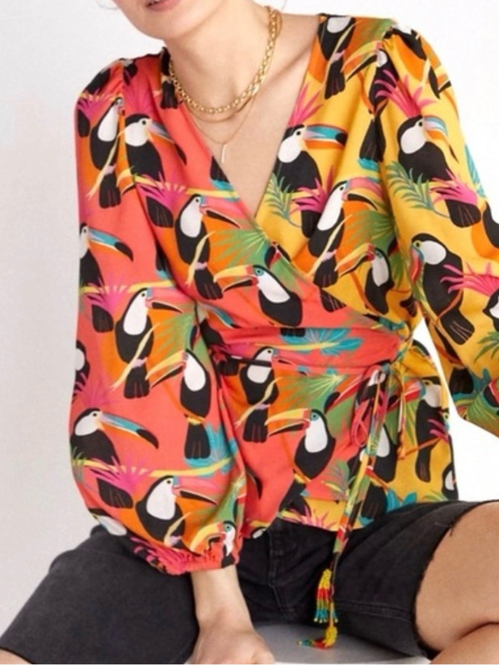 Farm Rio Toucan Rainforest Wrap Blouse Sz M